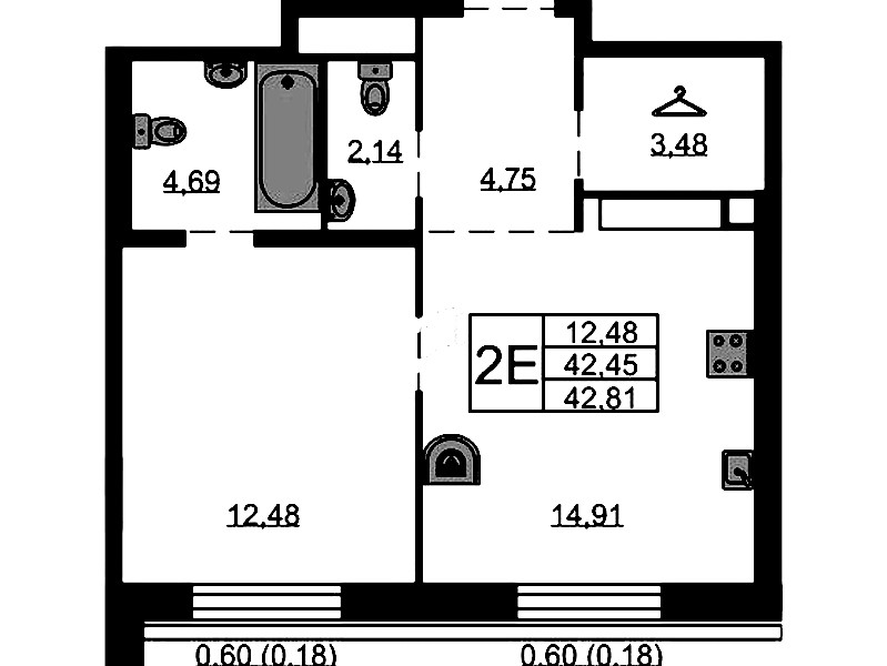 1-комнатная квартира 42.81 м², 8/8 эт., ЖК «Северная Корона»